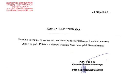 Komunikat Dziekana - godziny dziekańskie 1 czerwca 2025 r.