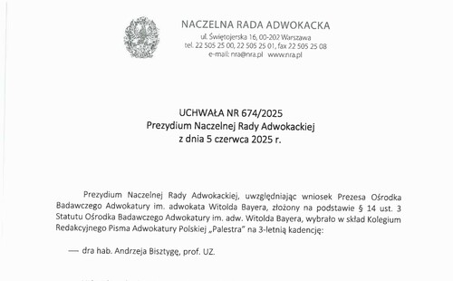 Prof. Andrzej Bisztyga wybrany w skład Kolegium Redakcyjnego Pisma Adwokatury Polskiej PALESTRA